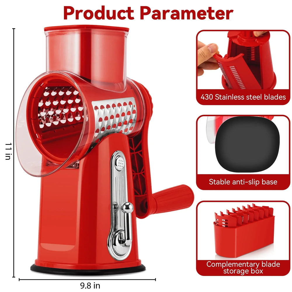 Pukomc Rotary Cheese Grater with Handle- 5 Blades, Suction Base, Mandoline Slicer & Veg Shredder with Blade Storage Box - USA MEGA SHOP