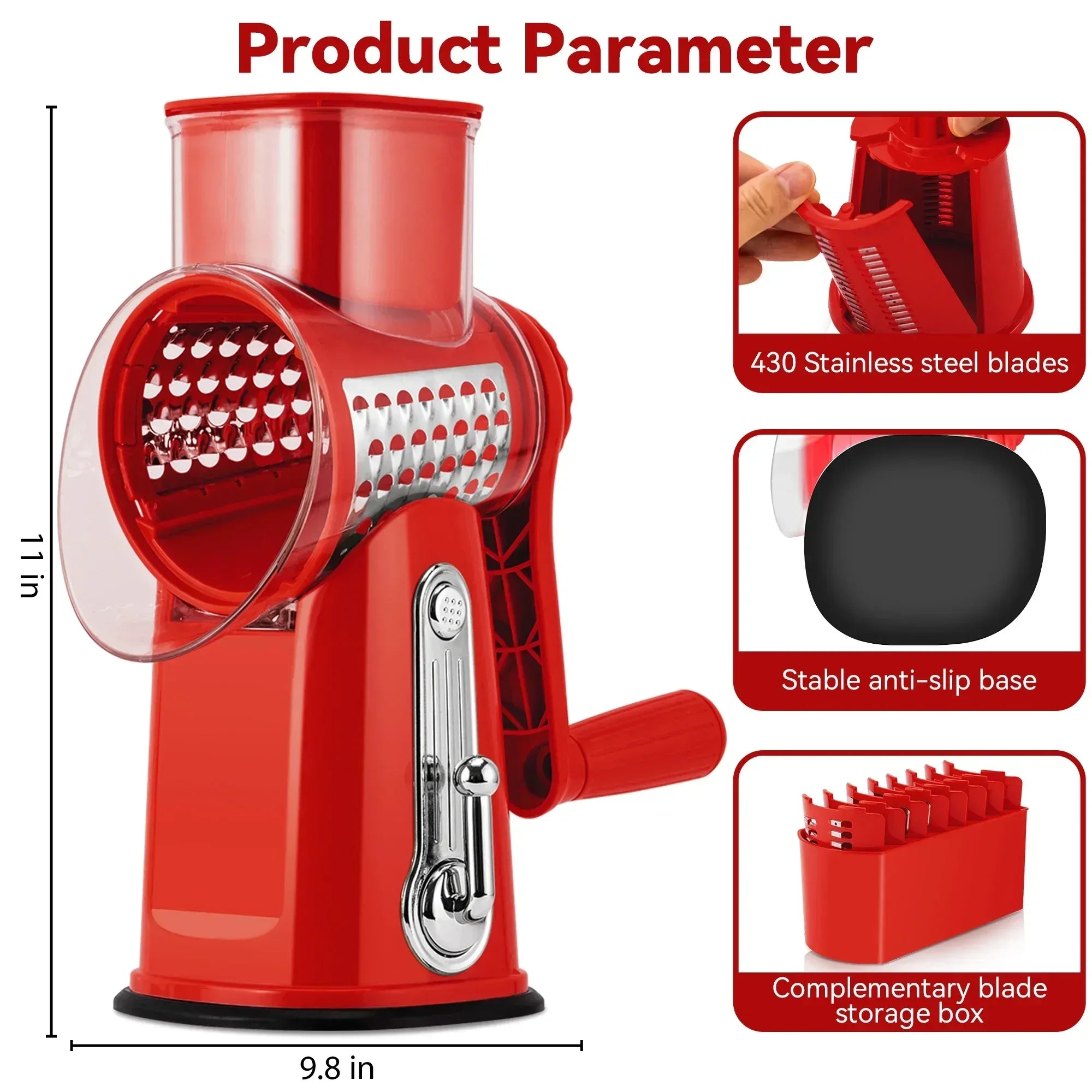 Pukomc Rotary Cheese Grater with Handle- 5 Blades, Suction Base, Mandoline Slicer & Veg Shredder with Blade Storage Box