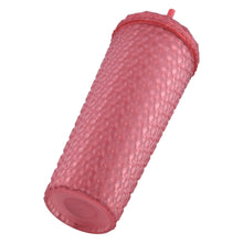 Rose gold plastic tumbler with lid and straw, textured diamond finish