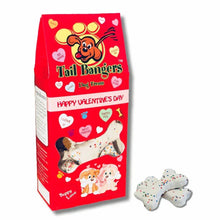 Tail Bangers Happy Valentine's Day dog treats package with bone-shaped biscuits
