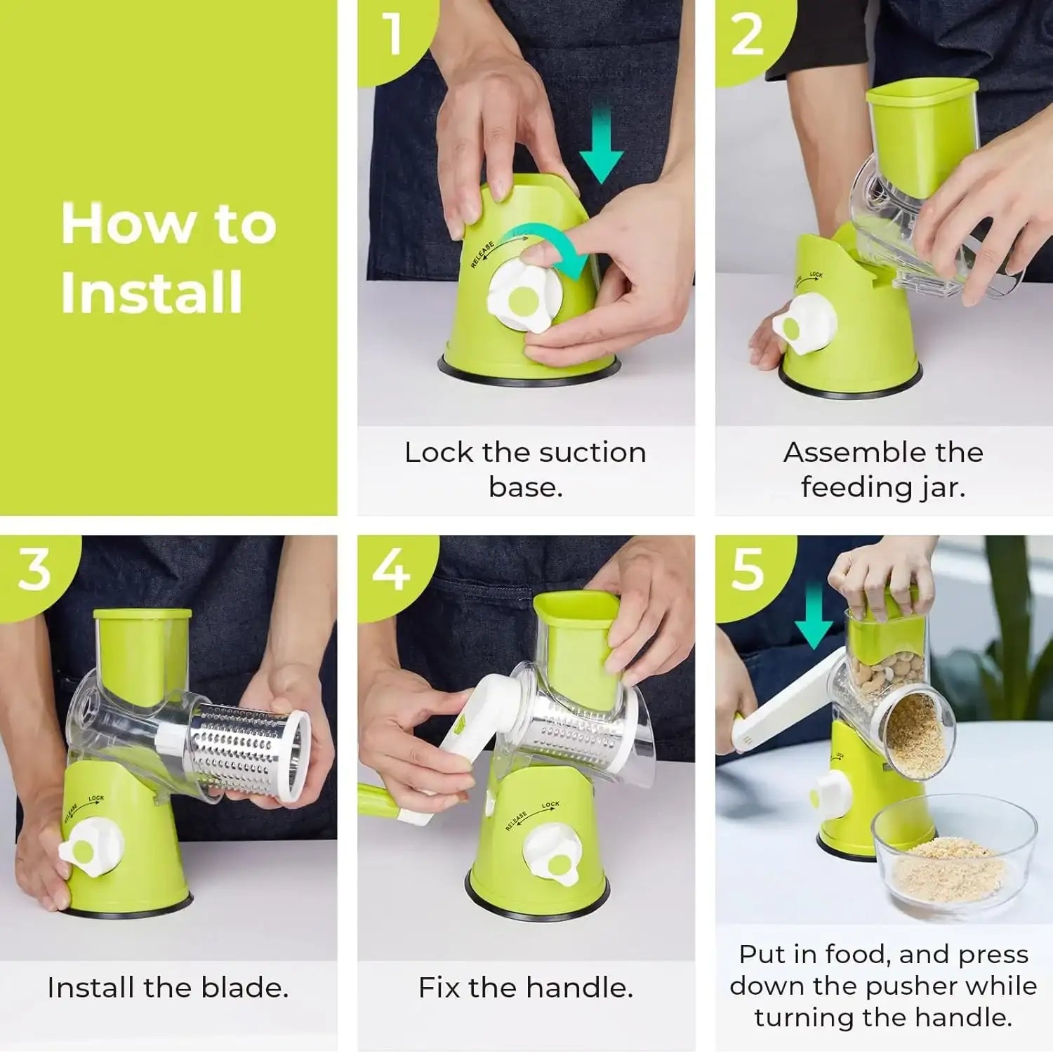 3 in 1 Cheese Grater Rotary, Cheese Shredder Grater for Kitchen Grater Slicer with 3 Replacement Blades, Potato Slicer Vegetable Chopper with Suction Base