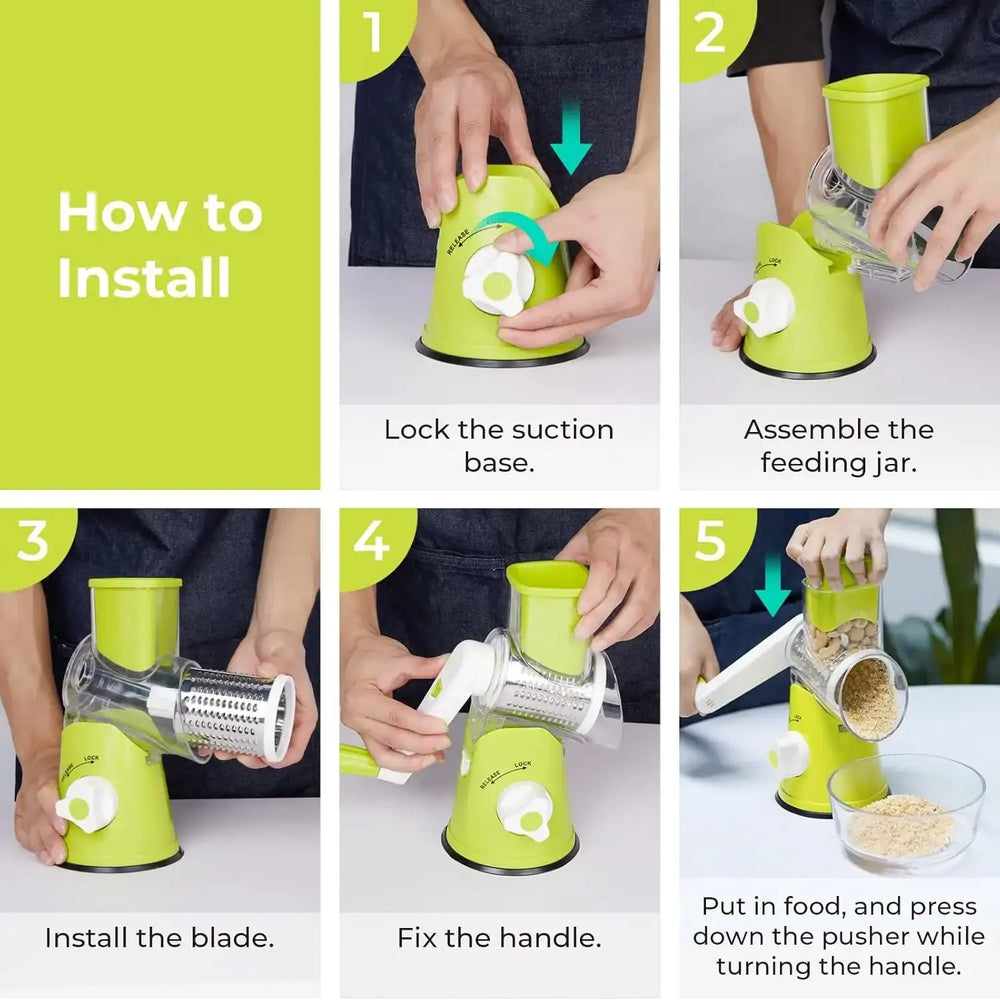 3 in 1 Cheese Grater Rotary, Cheese Shredder Grater for Kitchen Grater Slicer with 3 Replacement Blades, Potato Slicer Vegetable Chopper with Suction Base