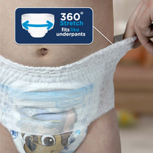Child wearing white training pant with blue paw print, showing 360° stretch feature