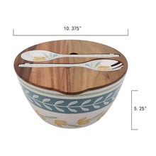 Floral salad bowl with acacia lid and spoon-and-fork utensil set