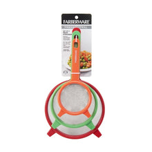 Set of 3 stainless mesh strainers with red, green, and orange loop handles