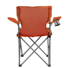 Orange folding camp chair, padded back panel with carry straps, X-frame legs