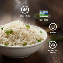 Gluten-free non-GMO basmati rice grains in a bowl with green garnish