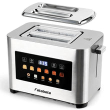 Stainless steel toaster with top cover open showing twin heating elements and LED panel