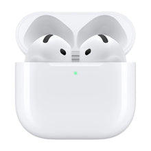 Wireless earbuds in charging case, white earbuds with black speaker openings
