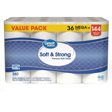 Toilet paper value pack with 36 mega rolls, Soft & Strong premium bath tissue