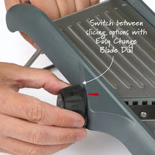Adjustable chef’s mandoline slicer with blade dial for changing slicing options