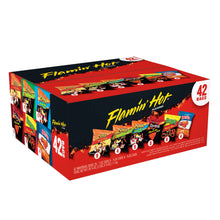 Flamin' Hot variety pack box, side view with flavor pack images and 42 bags