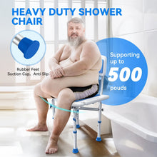 Blue heavy duty shower chair with backrest, perforated seat, adjustable legs