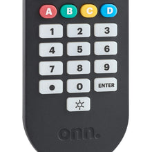 onn. universal remote keypad with colored A–D buttons and number pad