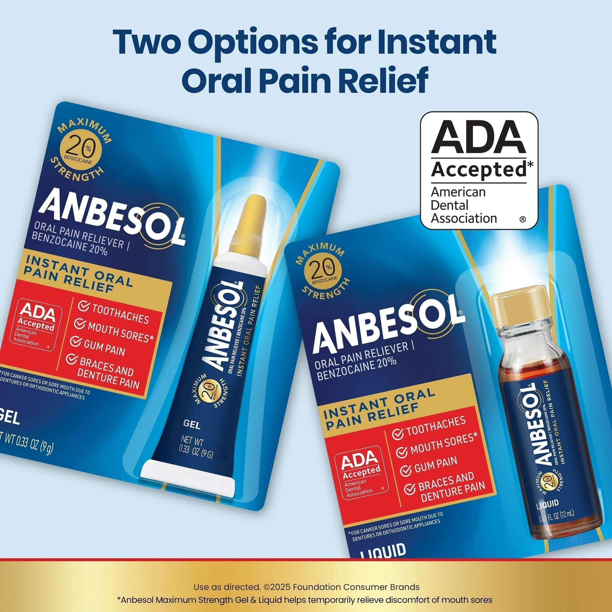Anbesol Instant Oral Pain Relief Liquid with Benzocaine, Maximum Strength, 0.41 fl oz