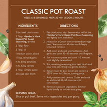 Classic pot roast seasoning recipe panel with ingredients, cooking directions, and serving ideas