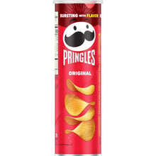 Potato crisps canister with Pringles logo, Original label, and “BURSTING WITH FLAVOR”