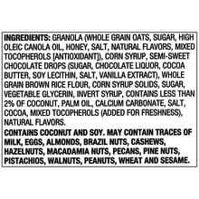Granola bar ingredients list: whole grain oats, sugar, canola oil, chocolate drops, soy lecithin