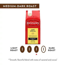 Community Coffee ground Cafe Special pouch, medium-dark roast, roast level scale