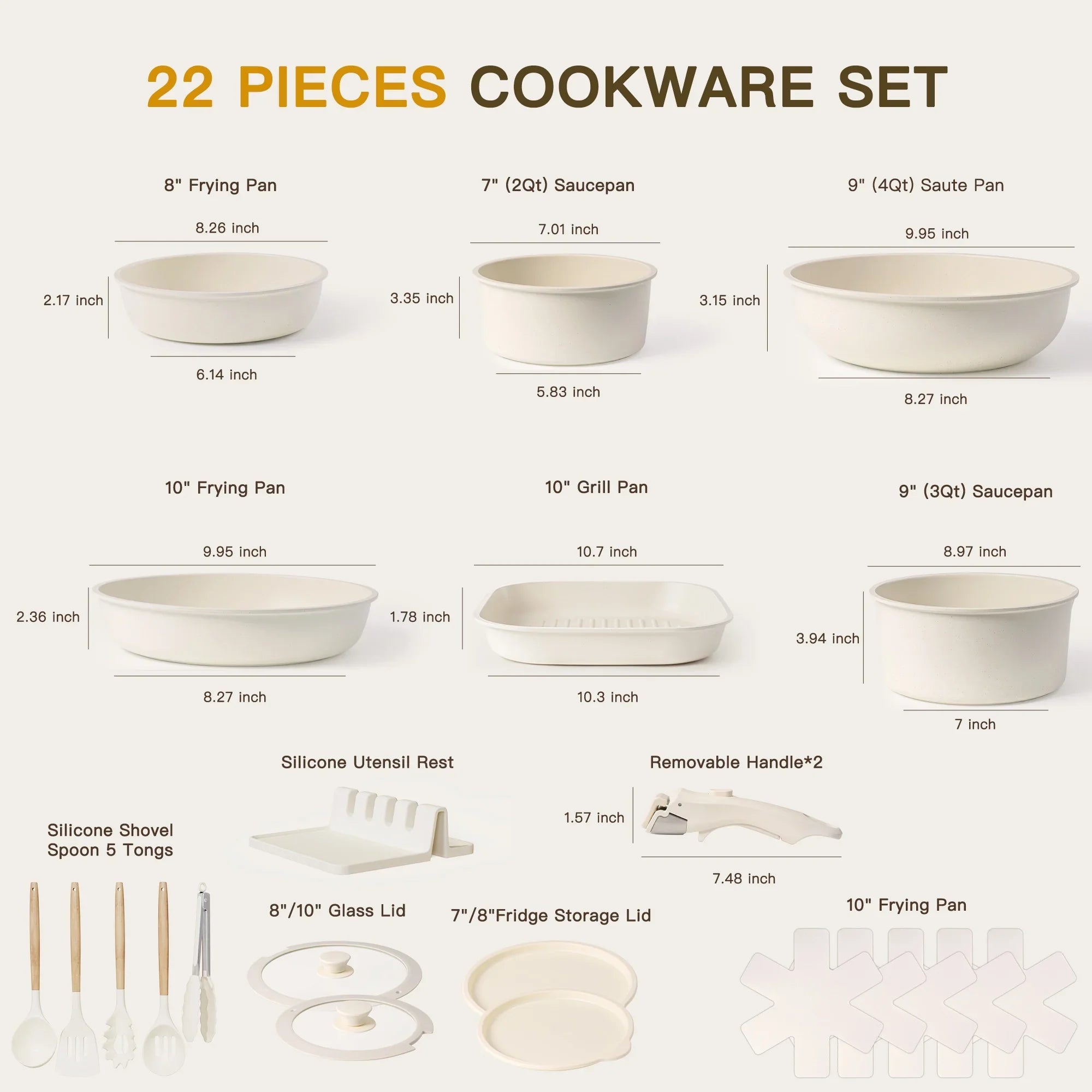 Astercook 22 Piece Pots and Pans Set Non Stick, Cookware Set with Detachable Handles, Oven Safe, Induction Ready, Stackable RV Kitchen Cooking Set, Cream White