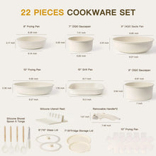Cream white 22-piece cookware set with lids, pans, and tools layout