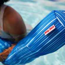 Blue striped pool noodle with Big Joe logo patch