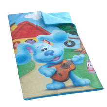 Kids slumber set sleeping bag with blue character graphic and attached pillow