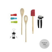 Wood and silicone kitchen utensils with bottle opener and hand-wash only label
