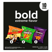 Snack variety multipack box, "bold extreme flavor" with three labeled chip bags, 10 bags