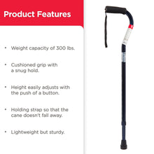 Offset handle mobility cane with cushioned grip and strap, dark shaft and ice blue curved handle
