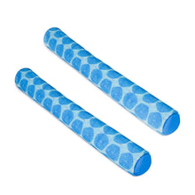Two blue patterned pool noodle floats with rounded ends