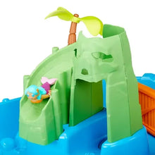 Close-up of green water-slide feature on a blue kids water table toy