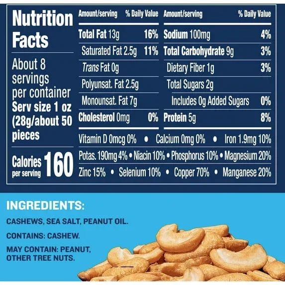 PLANTERS Salted Cashew Halves and Pieces, Party Snacks, Plant-Based Protein 8oz (1 Canister)