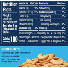 Nutrition Facts panel and ingredients listing on cashew snack canister