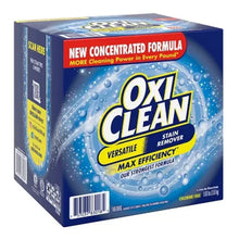 Stain remover powder box front, blue carton with Oxi Clean logo and “max efficiency”
