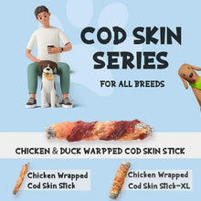 Chicken and duck wrapped cod skin chew sticks, packaged for dog treats.