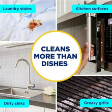 Dish soap cleaning benefits graphic with labeled laundry stains, dirty sinks, and kitchen surfaces