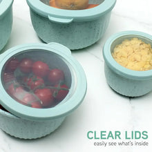 Mint meal prep containers with clear lids, tomatoes and cheese inside