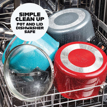 Aqua blue nonstick pot and stainless lid in dishwasher rack, cycle-ready
