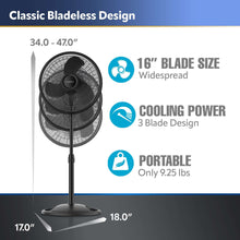 Pedestal fan diagram with round grille and height and blade-size markers