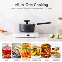 Dark gray saucepan with lid on countertop hot plate, with food dish thumbnails