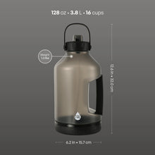 Metallic gallon jug water bottle with black flip-up straw, handle and spout lid