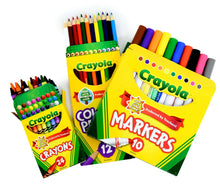 Crayola crayon and marker packs in yellow supply box kit