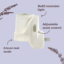 White plug-in diffuser with lavender refill cartridge and adjustable scent control