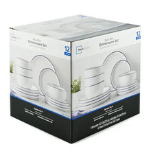 Stoneware dinnerware set retail box, blue rim design, 12-piece
