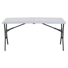 Gray rectangular folding table with black legs, fully unfolded.