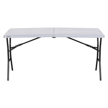 Gray folding rectangle table with black legs, side view with tabletop fully extended.
