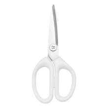 White all-purpose kitchen shears with ergonomic loop handles and stainless steel blades