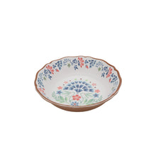 Floral melamine bowl with blue tree-and-flowers motif, brown scalloped rim.