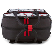 Black diaper bag with Mickey print top and red zipper accents